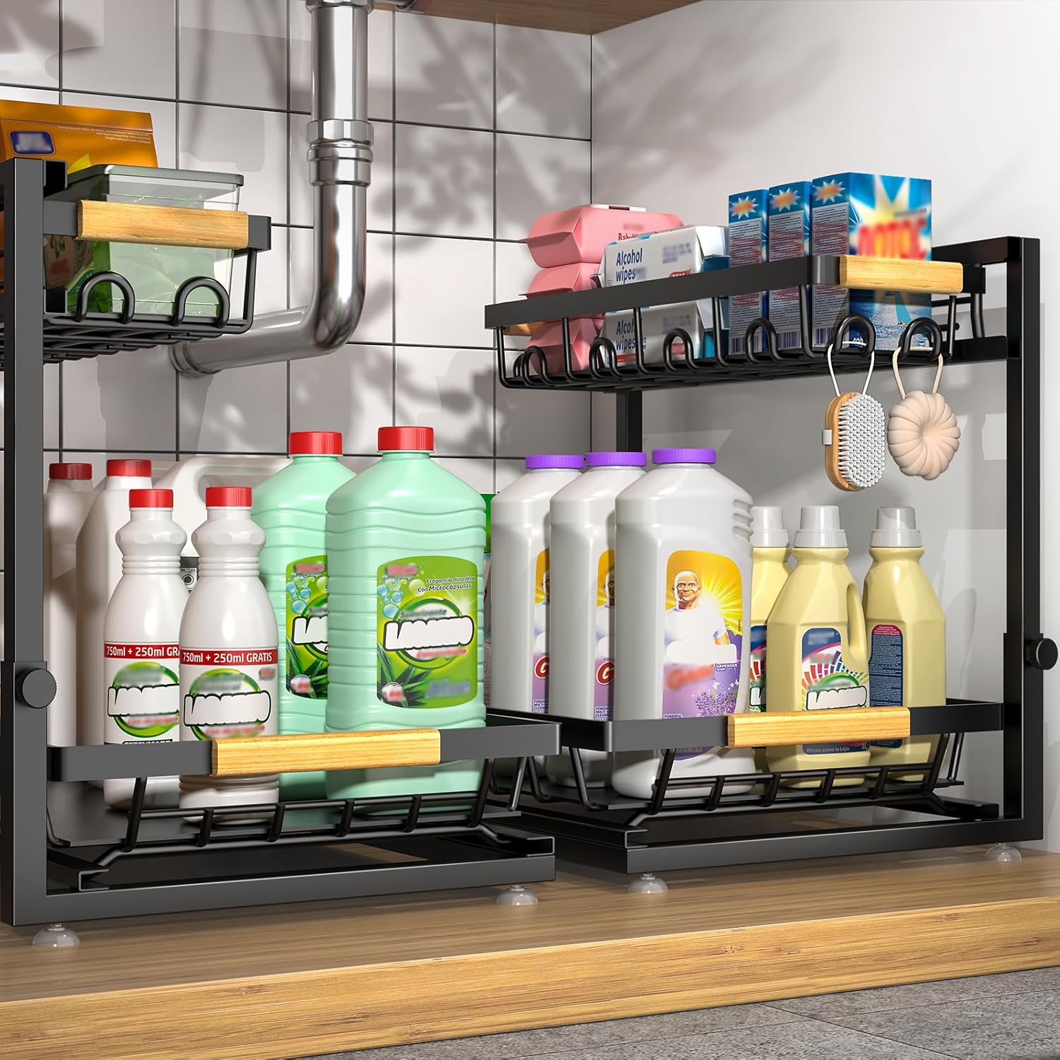 JA201 2 Packs Under Sink Organizer, Height Adjustable 2 Tier Under Kitchen Sink Organizer, Multi-Purpose Storage Shelf for Kitchen Bathroom Cabinet (Black) - Image 1
