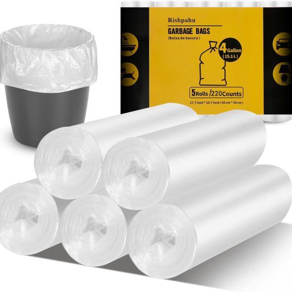 220Counts Small Trash Bags 4 Gallon, Flexible & Durable Small Garbage Bags, Unscented & Easy Tearing 4 Gallon Trash Bag for Kitchen, Bathroom, Bedroom, Office, Transparent,0.3Mil