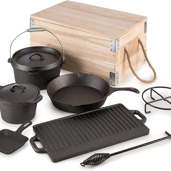 8 Piece Pre-Seasoned Dutch Oven Cooking Set Cast Iron Camping Kitchen Cookware Bakeware Skillets & Square Grill Pan w/Vintage Carrying Wood Box for Ourdoor Home BBQ Baking