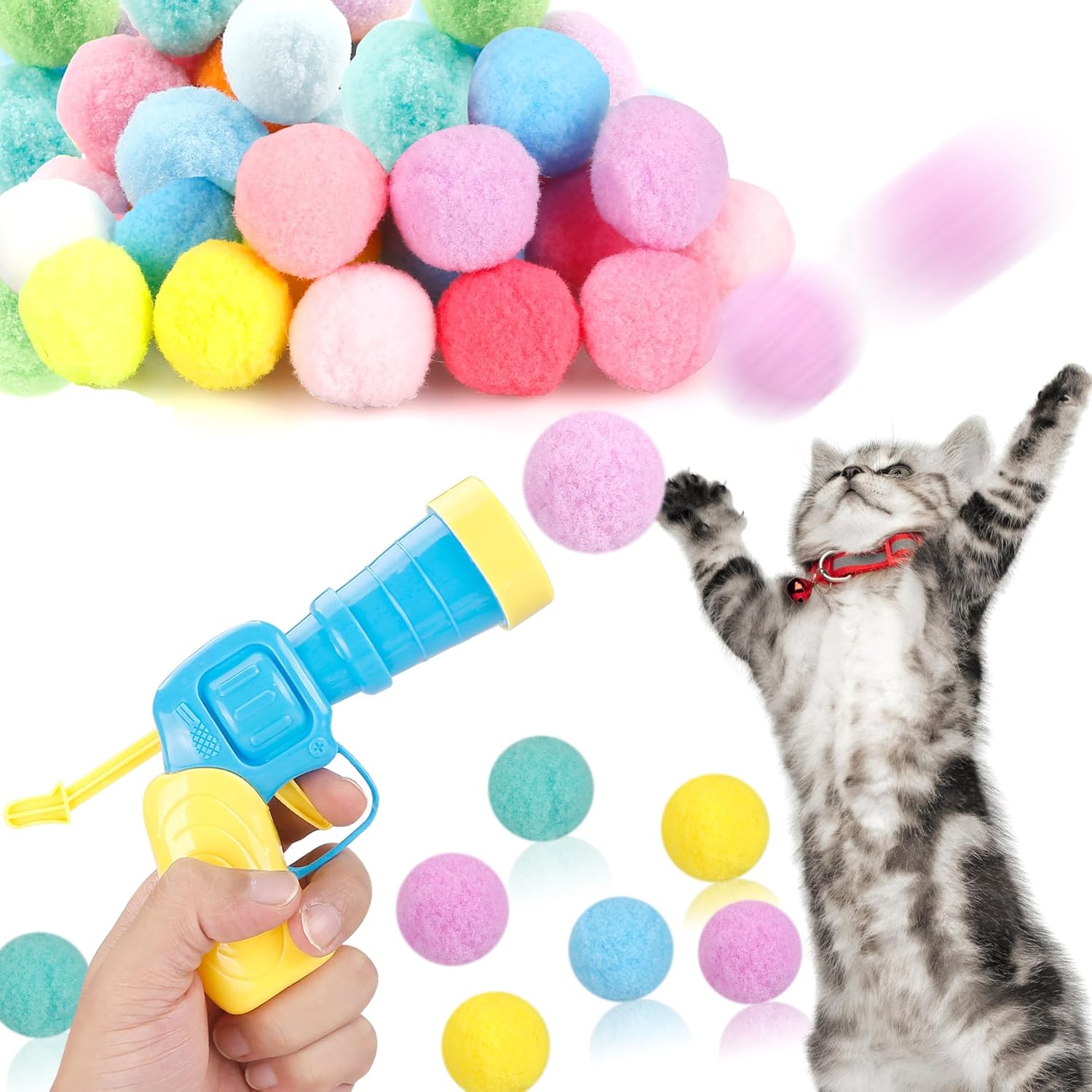 JA44 31Pcs Cat Ball Toy Launcher Gun,Cat Balls Fetch Toy,30Pcs Plush Fuzzy Balls Launcher Cat Toy for Cats with 1 Gun,Funny Interactive Cat Toys for Bored Indoor Adult Cats,Cute Kitten Kitty Toys - Image 1