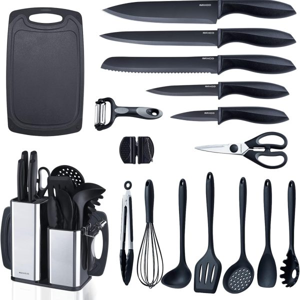 RAXCO Kitchen Utensils Set,18-Piece Cooking Tools and Sharp Knives,Stainless Steel Holder and Cutting Board