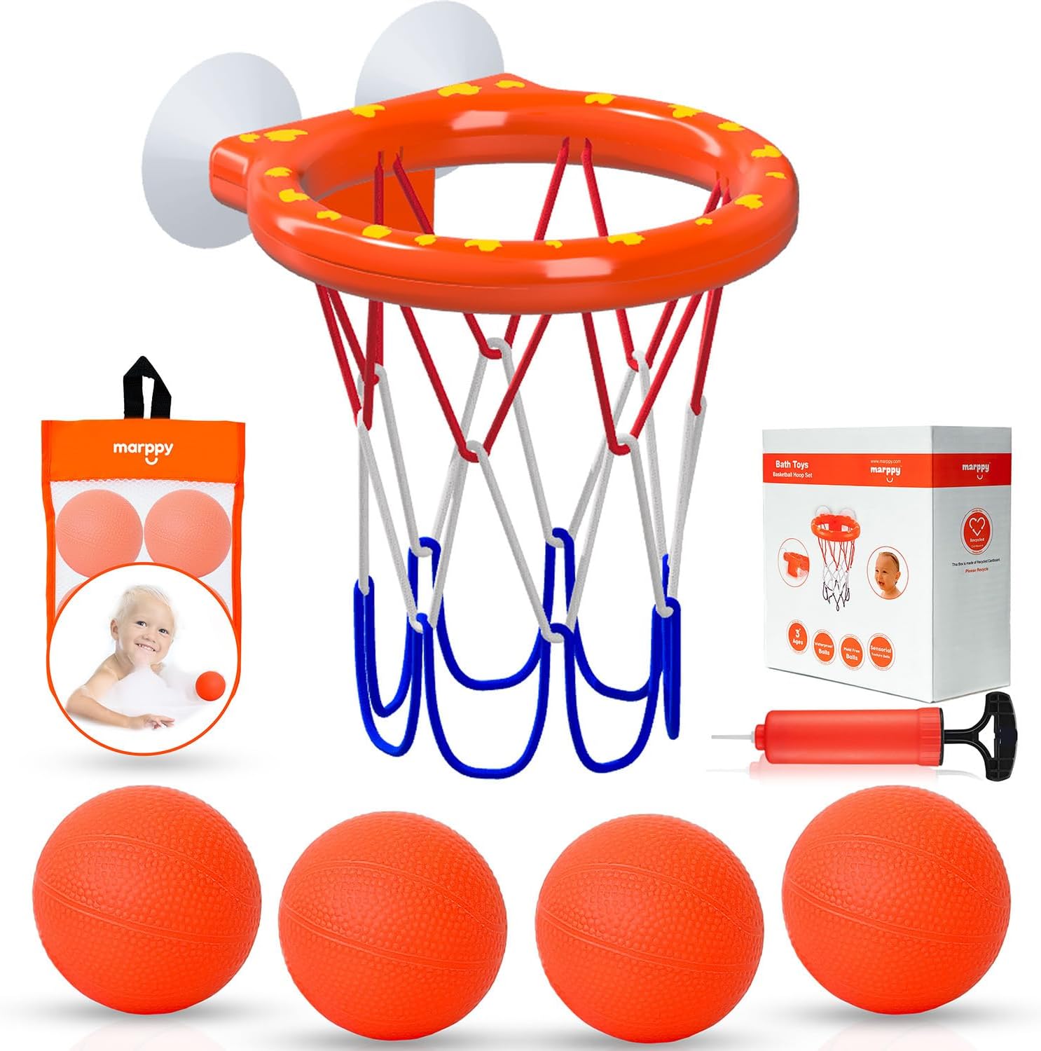 JA71 Bath Toys – Bathtub Basketball Hoop for Toddlers, Kids, Boys and Girls | 4 No-Hole Balls & Strong Suction Cups | Fun Basketball Bath Toy for Toddlers - Image 1