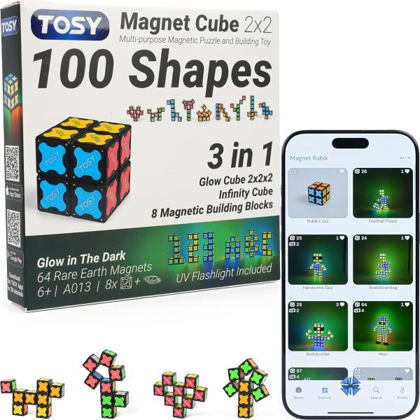 TOSY Magnet Cube 2x2 - 8 Blocks, 2in1 Toy: 2x2x2 Puzzle Cube and Customizable Infinity Cube, Glowing, Christmas Stocking Stuffers Gift for Kids/Grandkids, UV Flashlight, Sensory/STEM Toy
