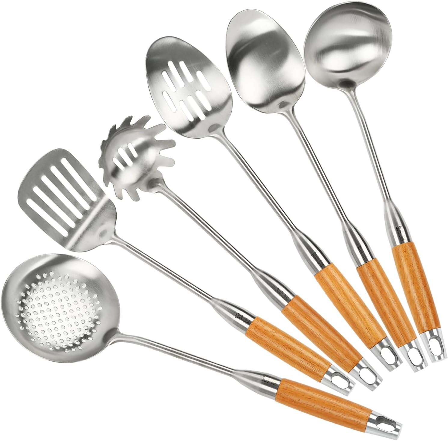 JA87 18/8 Stainless Steel Kitchen Utensils Set with Wood Handle, 6 Pcs 15 inch Cooking Utensils Tools, Turner, Ladle, Spoons & Pasta Server - Image 1
