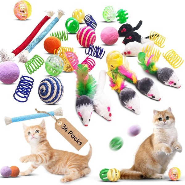 Cat Toys for Indoor Cats - 34 Packs Interactive Set with Colorful Springs, Mouse Toy, Catnip Ropes, Balls, Bells, and Sisal Ball for Kittens