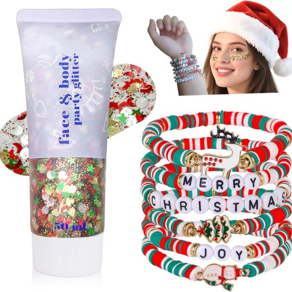 Go Ho Christmas Glitter Gel and Bracelets Kit, 6PCS Red White Green Beaded Bracelets with Face Glitter Makeup for Body & Hair, Fun Christmas Gifts for Women and Teens