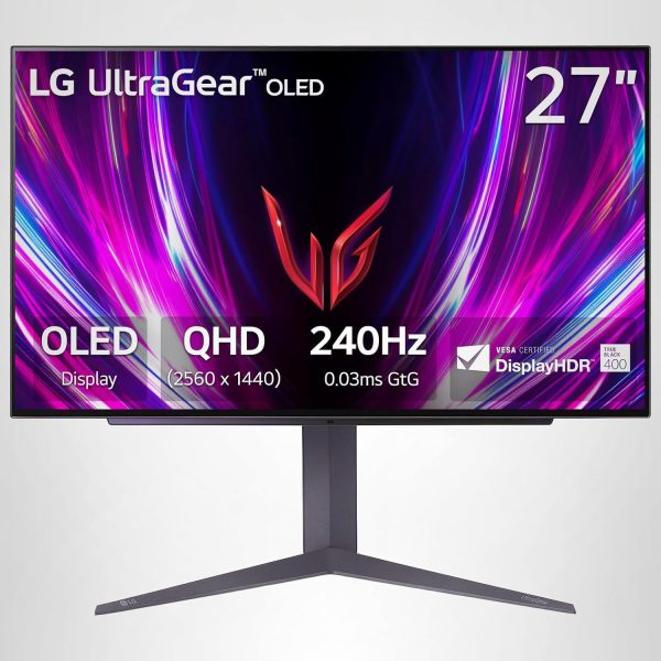 LG ‎27GS93QE 27-inch Ultragear OLED Gaming Monitor QHD 1440p 240Hz 0.03ms DisplayHDR True Black 400 AMD FreeSync Premium Pro NVIDIA G-Sync HDMI 2.1 DisplayPort Tilt/Height/Pivot Stand Black
