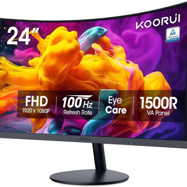 KOORUI 24 inch Curved Monitor, Full HD 1080P Curved Computer Monitor, 100Hz 1500R PC Screen, TÜV Rheinland Certified, HDMI VGA, Tilt Adjustment, LCD Display, Eye Care, Black 24N5CA