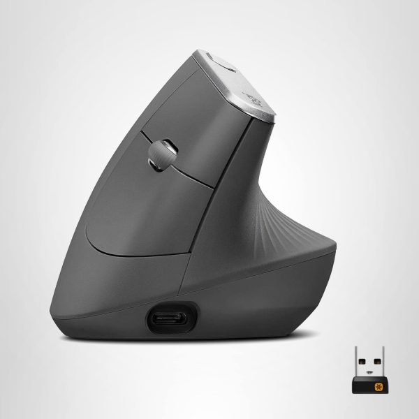 Logitech MX Vertical Wireless Mouse – Ergonomic Design Reduces Muscle Strain, Move Content Between 3 Windows and Apple Computers, Rechargeable, Graphite