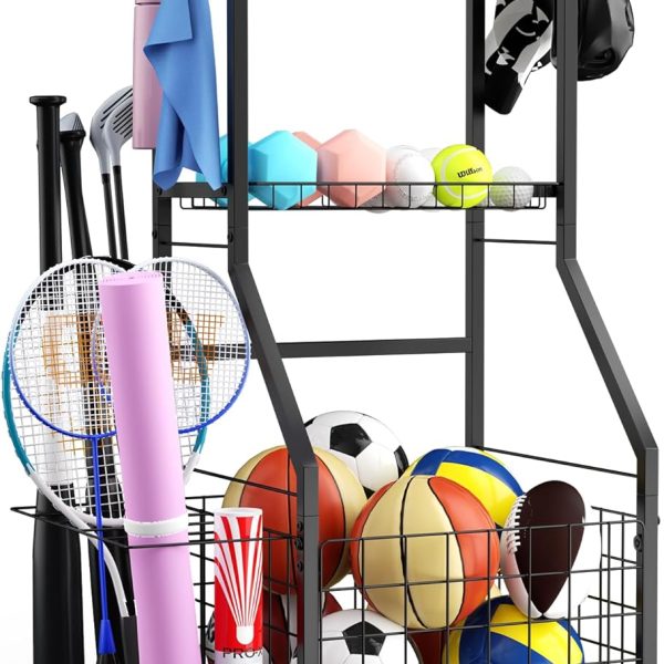 Sports Equipment Garage Organizer,Garage Ball Storage Rack for Sports with Wheels-Upgraded 3 Layers Sports Organizer Rack Outdoor Basketball Racks for Balls with Holder and Hooks
