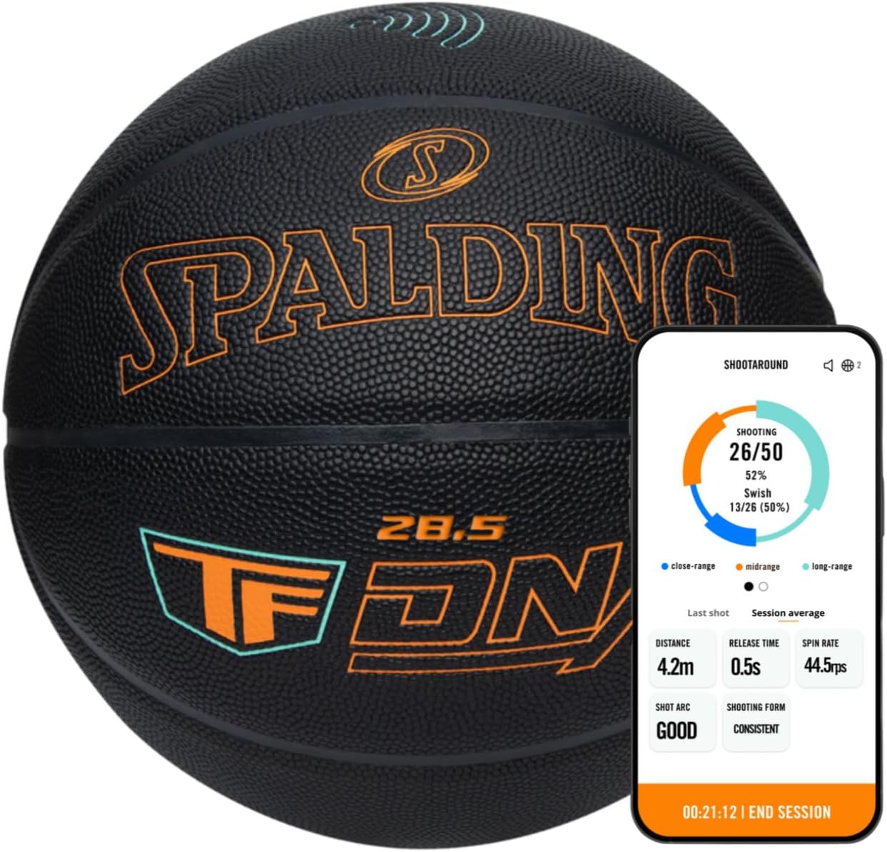 Ja027 Spalding TF DNA Smart Basketball + 1 Yr App Subscription Bundle I iOS and Android Compatible I All Surface Material - Image 1