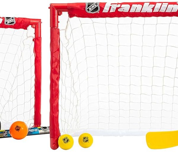 Franklin Sports - NHL Kids Folding Hockey Goals Set - (2) Street Hockey & Knee Hockey Goals - (2) Adjustable Youth Hockey Sticks, (2) Knee Hockey Sticks, (2) Mini Hockey Balls + (1) Street Hockey Ball