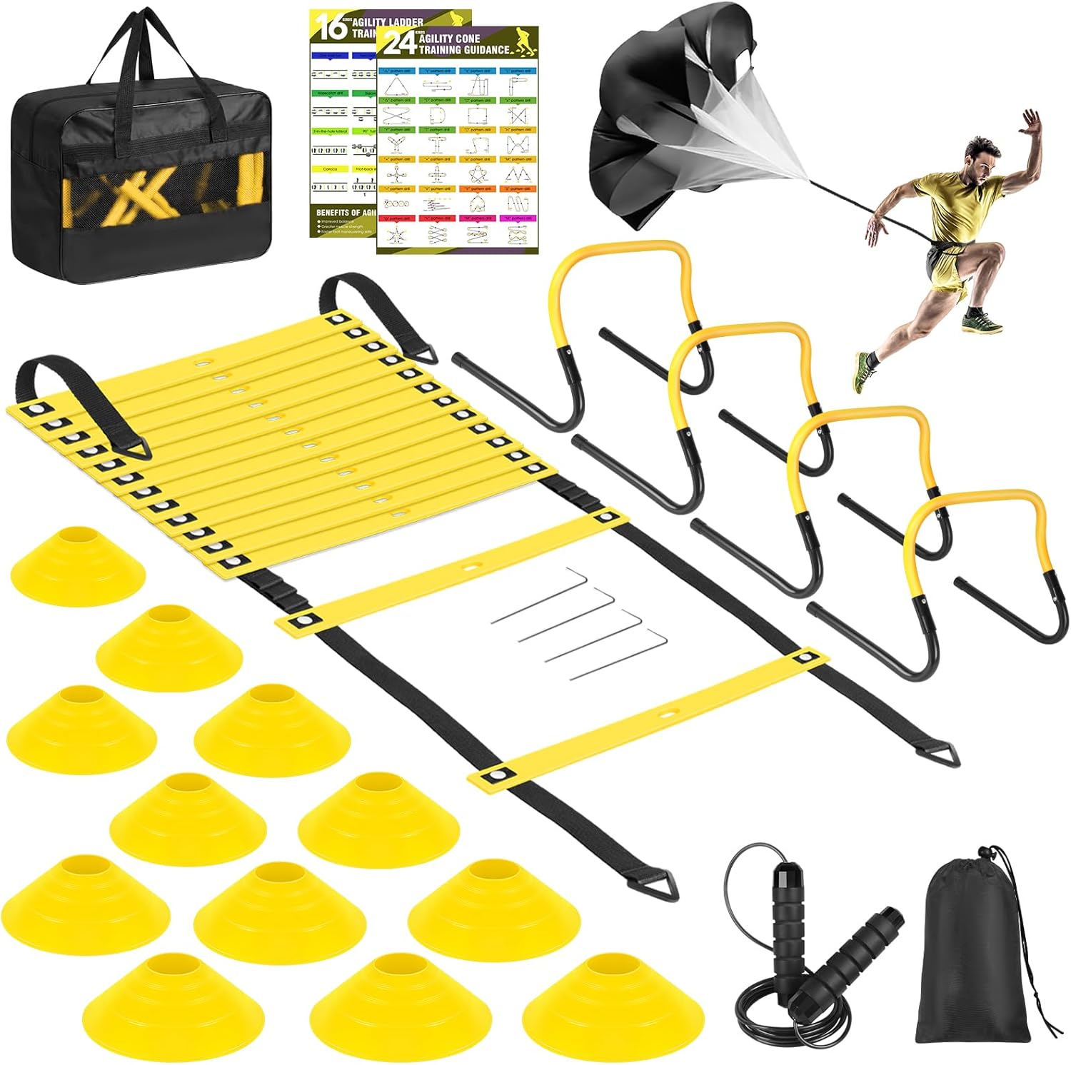 Ja088 Agility Speed Training Equipment Set, Football Practise Set with 20ft Agility Ladder, 12 Cones, 4 Adjustable Hurdles, Jump Rope, Parachute, for Basketball, Soccer, Football, Kids, Youth, Adults - Image 1