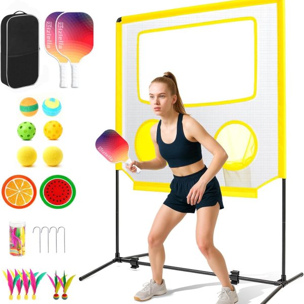 Paddle Game with Net, Pickleball Set Indoor Outdoor Sports Games, All in One Backyard Games Badminton, Cricket, Sticky Ball, Shuttlecock, Frisbees for Kids Adults Family