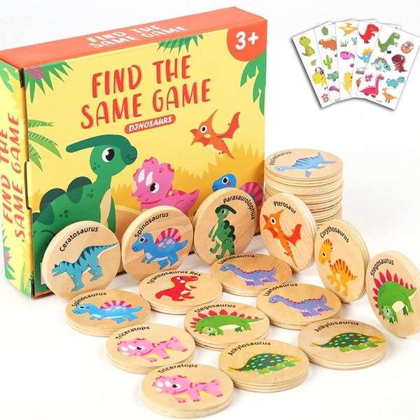 Wooden Match Memory Game for Kids, 24Pc Memory Matching Cards, Educational Memory Matching Game for Pre-Kindergarten Early Learning Development Kids-Dinosaur