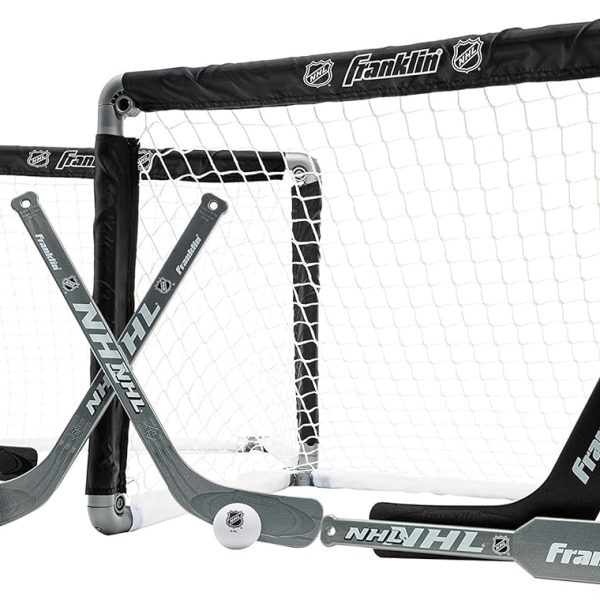 Franklin Sports NHL Kids Mini Hockey Goal Set - (2) Mini + Knee Hockey Goals, (4) Youth Sticks, (2) Goalie Sticks + (4) Foam Balls - Knee + Mini Hockey Set