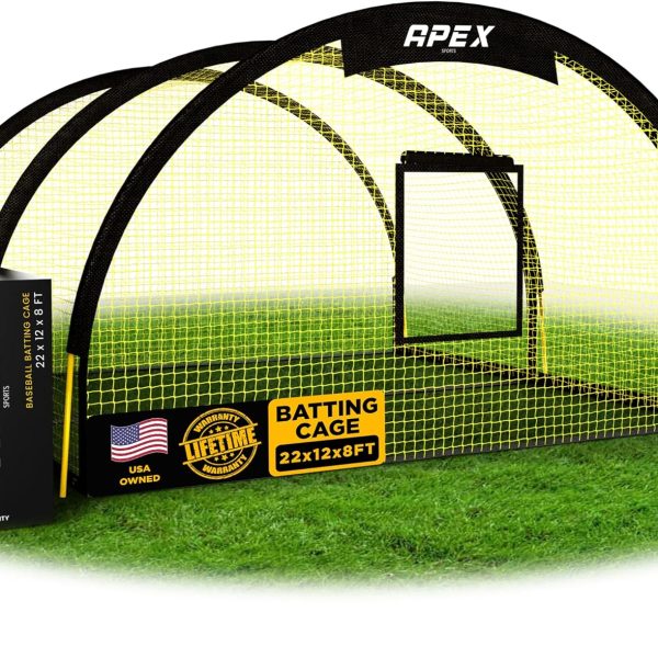Portable 22ft x 12ft x 8ft Baseball & Softball Batting Cage with Pitching Machine Hole, 3ply 1.25'' Yellow Netting, Secure Steel Poles, 12.7MM Fibreglass Poles, Carry Bag Included