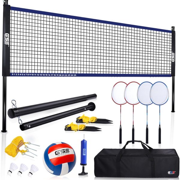 GSE Games & Sports Expert Outdoor Yard Sports Net Game Set for Backyards, Parks, Beach, Lawn. Volleyball Set, Badminton Set OR Volleyball & Badminton Combo Set Available