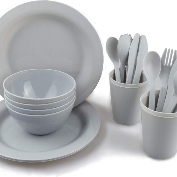 Plastic Plates and Bowls Sets,College Dorm Room Essentials Dishes Set Camping Plates,Dinnerware Accessories Mess Kit-Microwaveoven Safe BPA-Free with Mesh Bag-24PCS