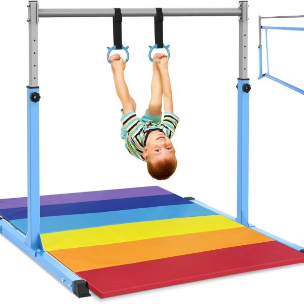 Safly Fun Gymnastics Bar for Kids Ages 3-15 for Home - Steady Steel Construction, Anti-Slip, Easy to Assemble, 3' to 5' Adjustable Height