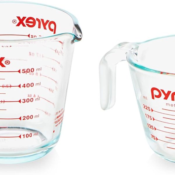 Pyrex Essentials (2-Pack) Glass Measuring Cups Set, (1 & 2 Cup) Measuring Cups For Prepping, Baking and Cooking, Preheated Oven, Dishwasher, Freezer, and Microwave Safe