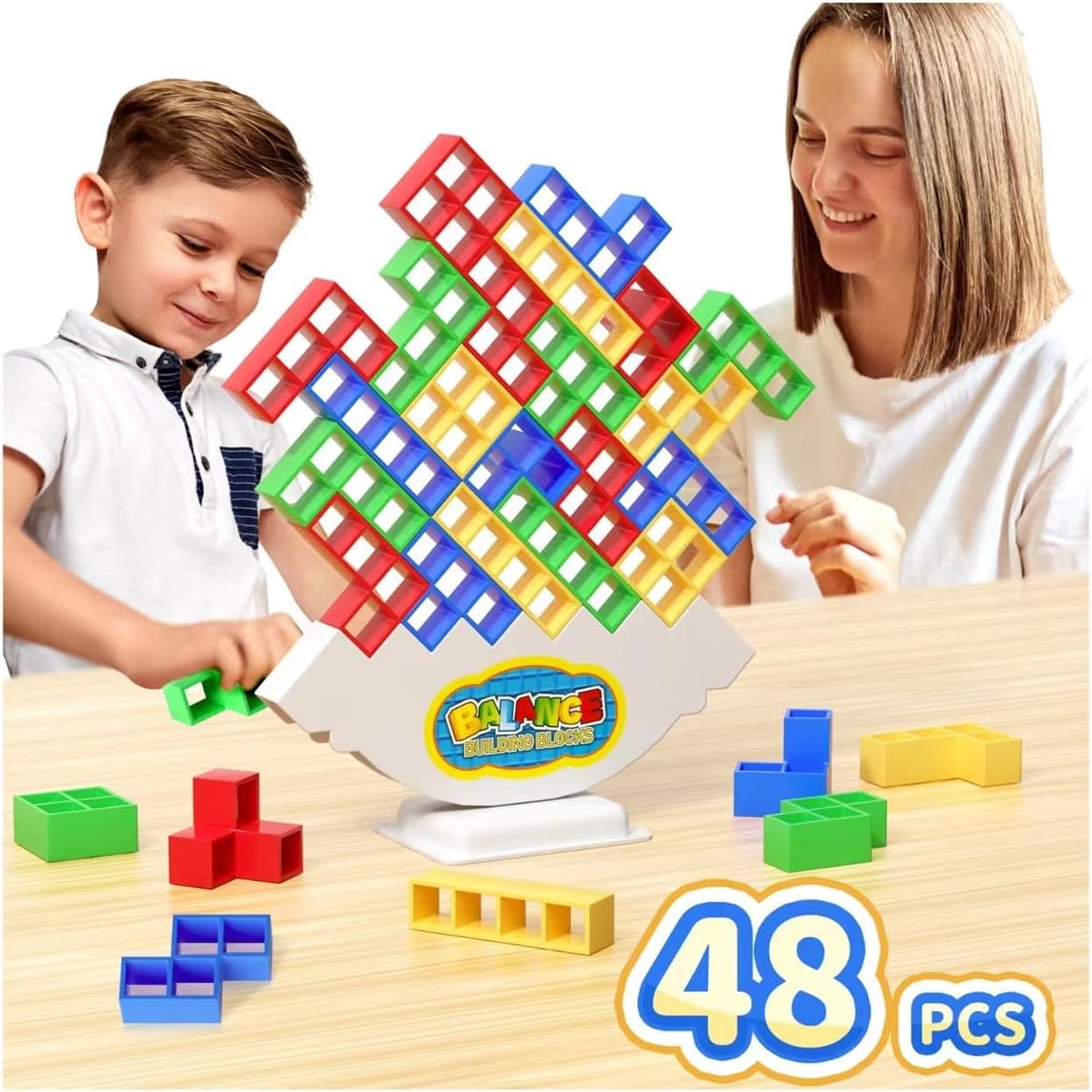 Ja95 48 Pcs Game Gifts, Balance Stacking Blocks Game,Perfect for Family, Parties, Travel,Boys Girls Gifts,Novelty Toy Gift for Kids or Friends - Image 1