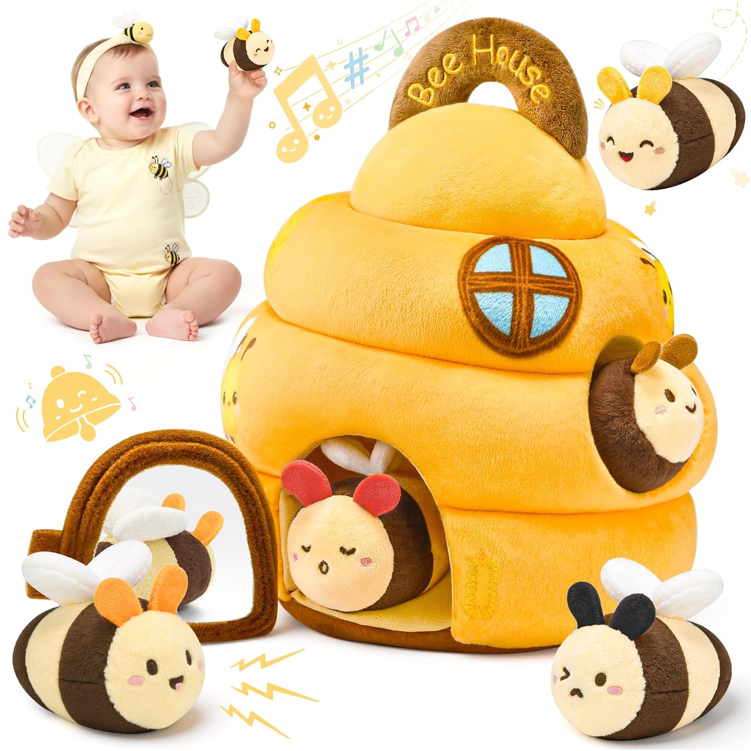 LEO016 Baby Toys 6-12 Months - Beehive Infant Toy with 5 Sensory Bees Stuffed Animals, Crinkle, Rattle, Mirror & Music, Montessori Toys for 6 7 8 9 10 11 12 Month Old Baby Boys Girls Birthday Christmas Gift - Image 1