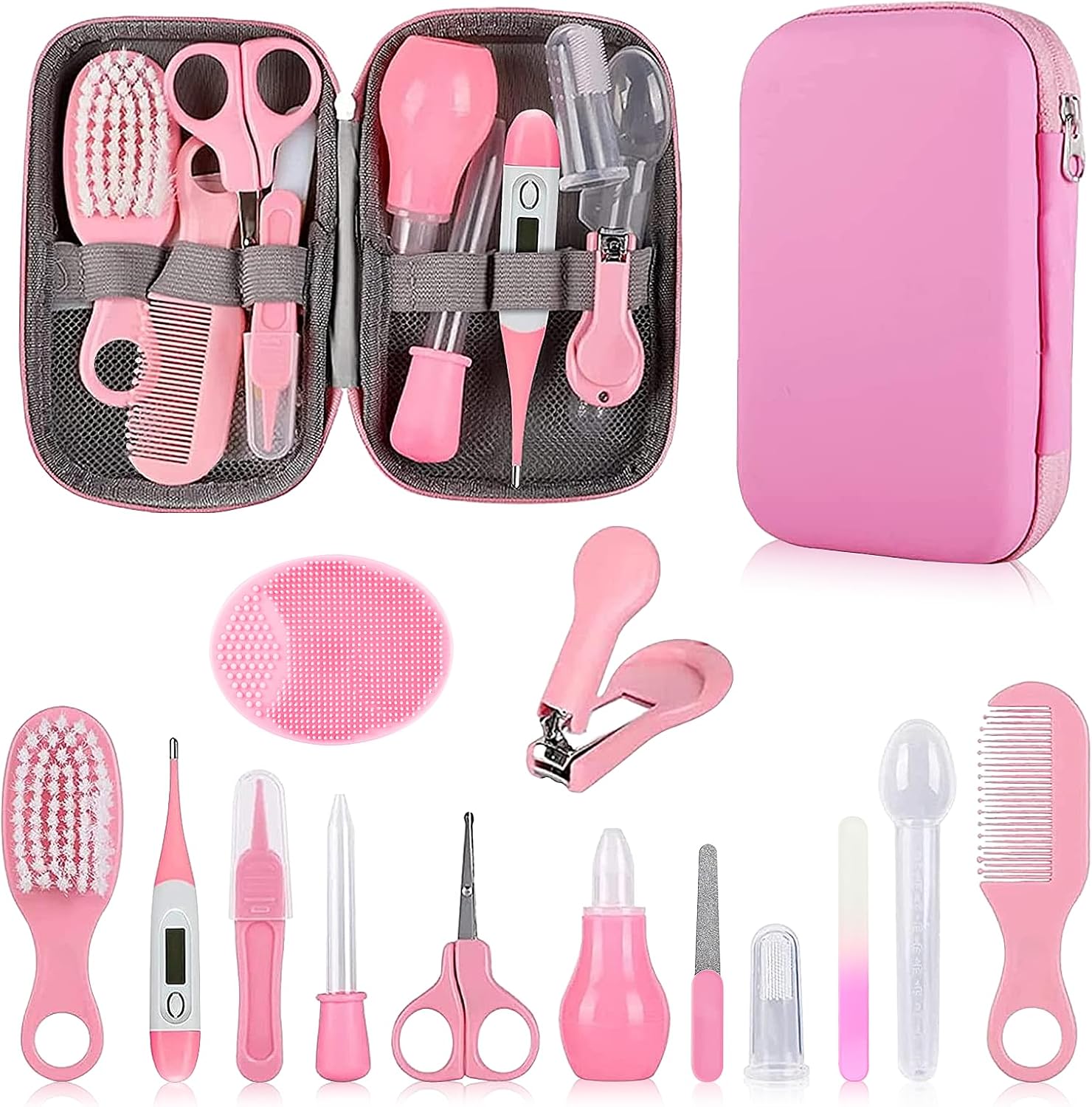 LEO055 Baby Grooming Kit, Infant Safety Care Set with Hair Brush Comb Nail Clipper Nasal Aspirator,Baby Essentials Kit for Newborn Girls Boys (Pink Baby Grooming kit) - Image 1