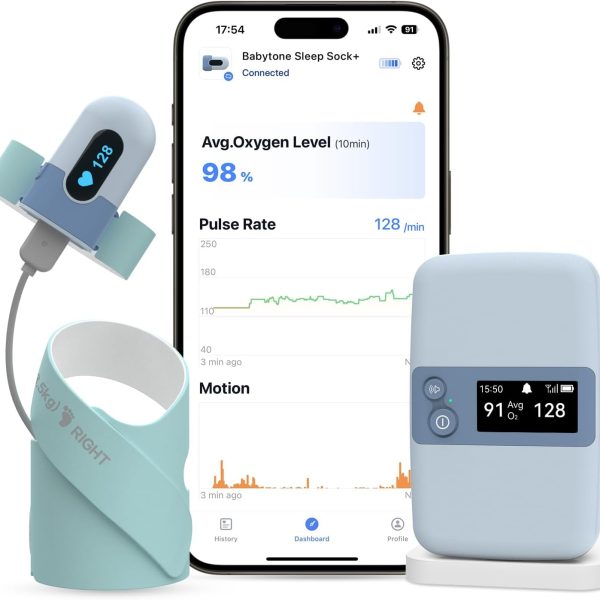 Babytone Baby Sleep Monitor with Base Station- Smart Sleep Sock, Tracking Heart Rate and Movement, Wearable Baby Foot Monitor with Bluetooth and APP, for 0-36 Months Newborn