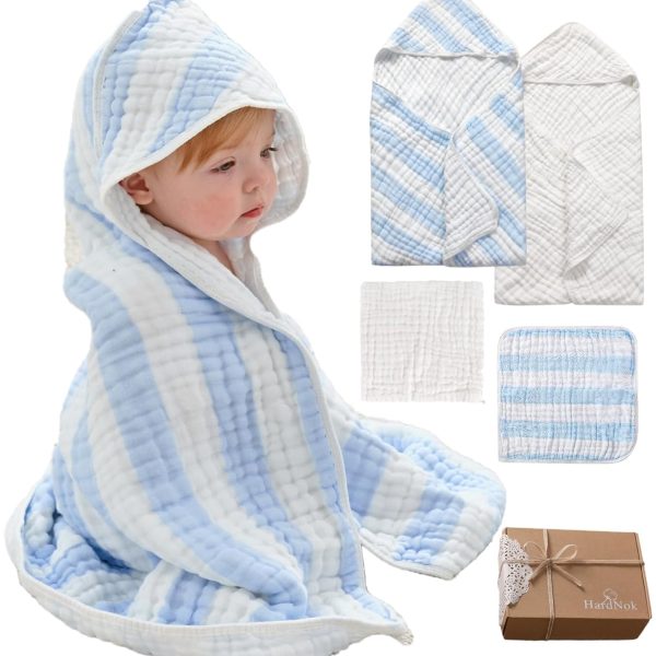 Muslin Hooded Baby Towel 4 Pack, Preuim Muslin 6 Layers Natural Cotton Baby Bath Towels, Soft and Comfortable for Boys,Girls (32 x 32, Blue Striped and White)