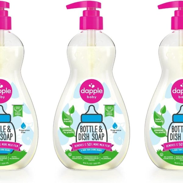 Dapple Baby Bottle Soap, Hypoallergenic Dish Soap for Baby Bottles, Powered by Plants, 1 Pump Included, Packaging May Vary, Fragrance Free, 16.9 Fl Oz (Pack of 3)