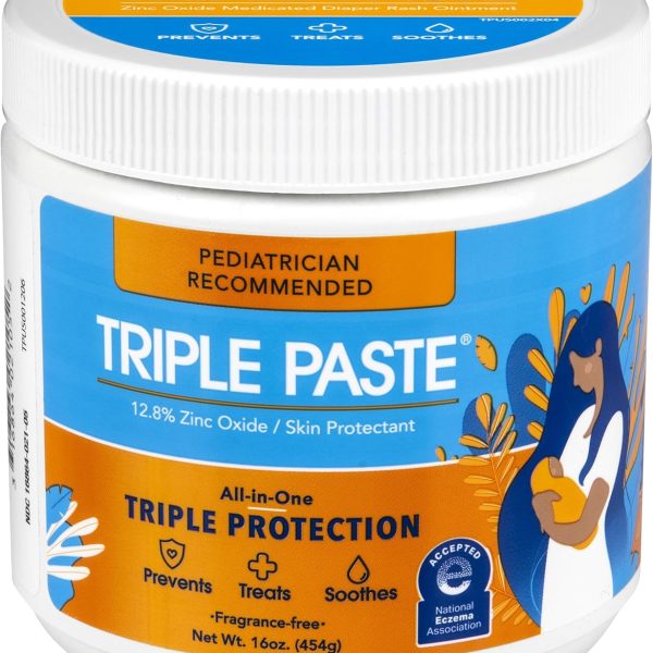 Triple Paste Diaper Rash Cream for Baby - 16 Oz Tub – Zinc Oxide Ointment Treats, Soothes and Prevents Diaper Rash - Pediatrician-Recommended Hypoallergenic Formula for Daily & Overnight Protection