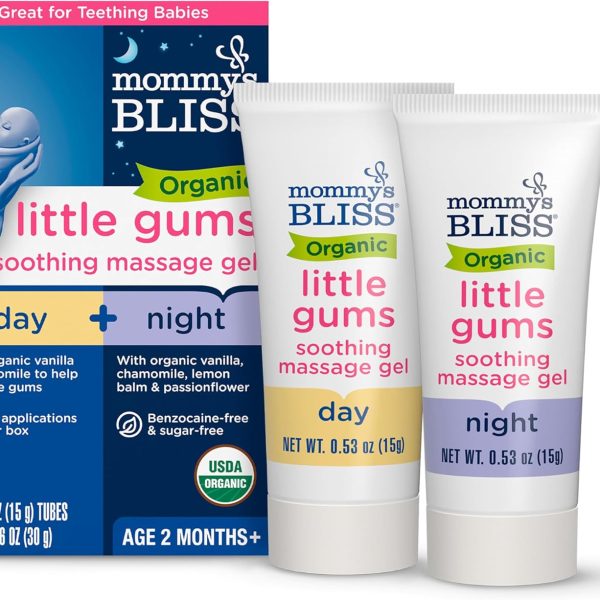 Mommy's Bliss Organic Little Gums Soothing Massage Gel Day and Night Combo, Great for Teething Babies, Age 2 Months+, Sugar Free, Mild & Sweet Flavor, 2 - 0.53 Oz Tubes (Pack of 1)