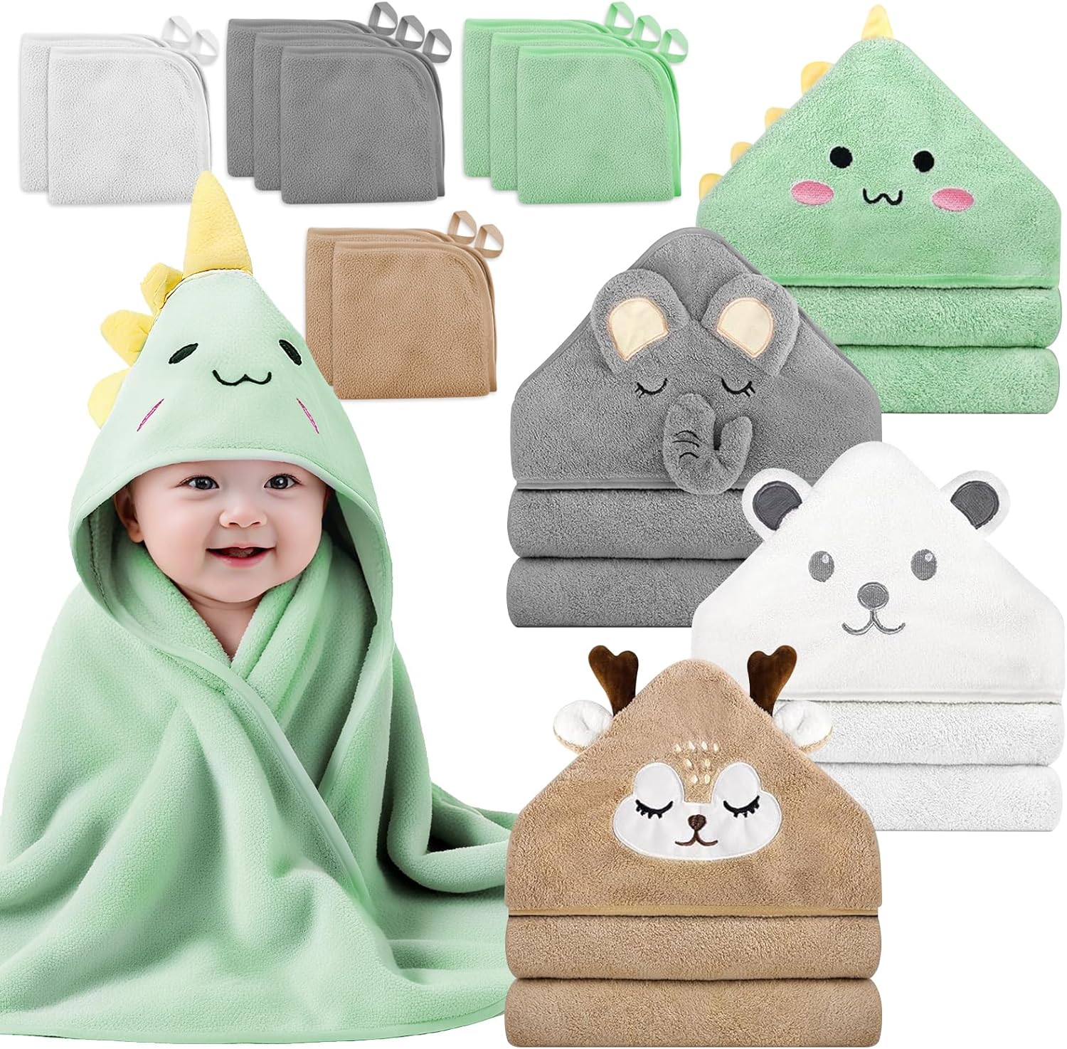 LEO136 14 PCS Baby Towels Set, 4 PCS Soft Baby Hooded Towels & 10 PCS Washcloths, Baby Bath Towels for Newborns, Infants & Toddlers, Ultra Absorbent, Cute Baby Towel Gift for Boys - Image 1