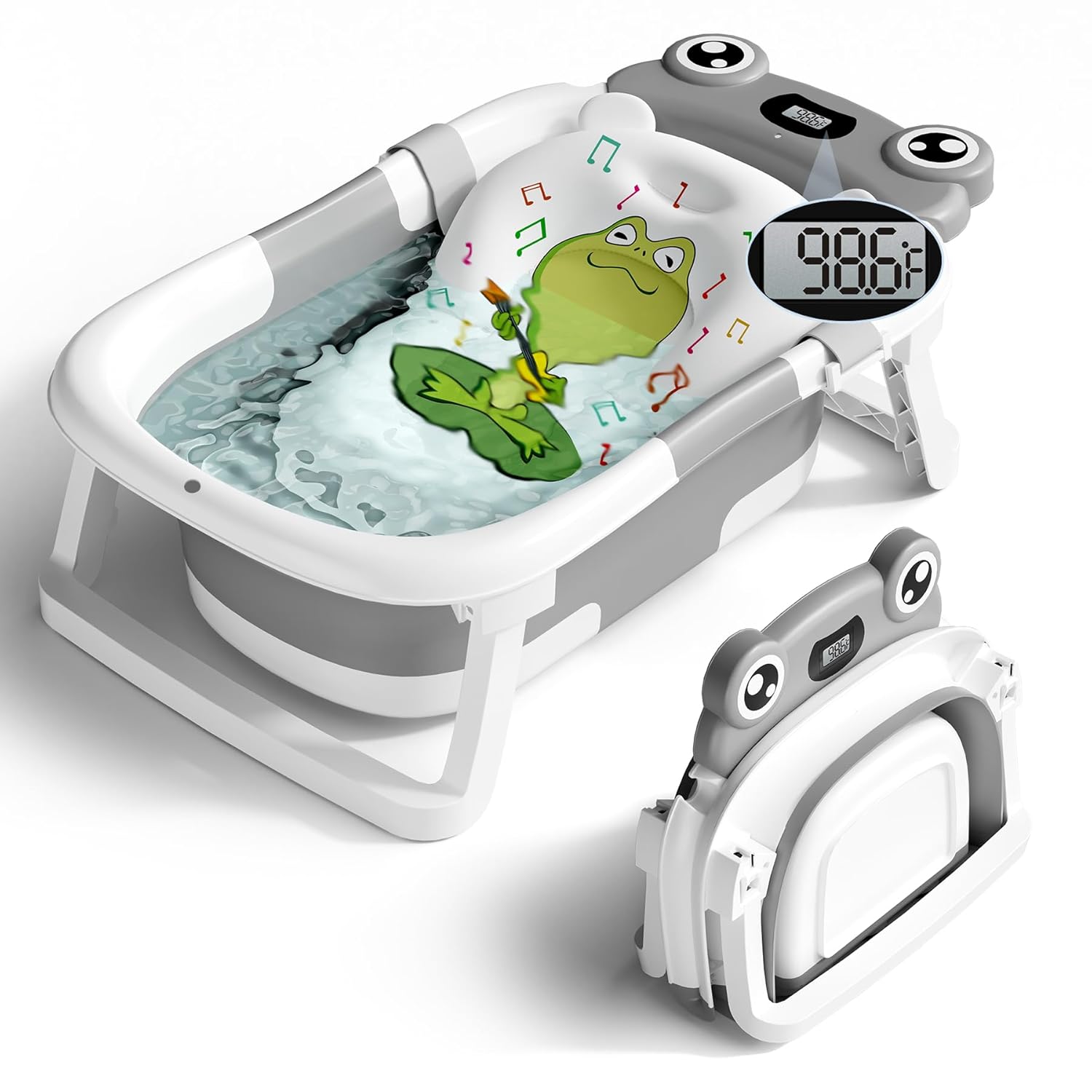 LEO171 Baby Bathtub, Collapsible Newborn Bathtub for Infant to Toddler 0-24 Months with Soft Cushion and Thermometer,Portable Travel Newborn Tub with No-Slip Feet, Baby Shower Gifts,Grey - Image 1