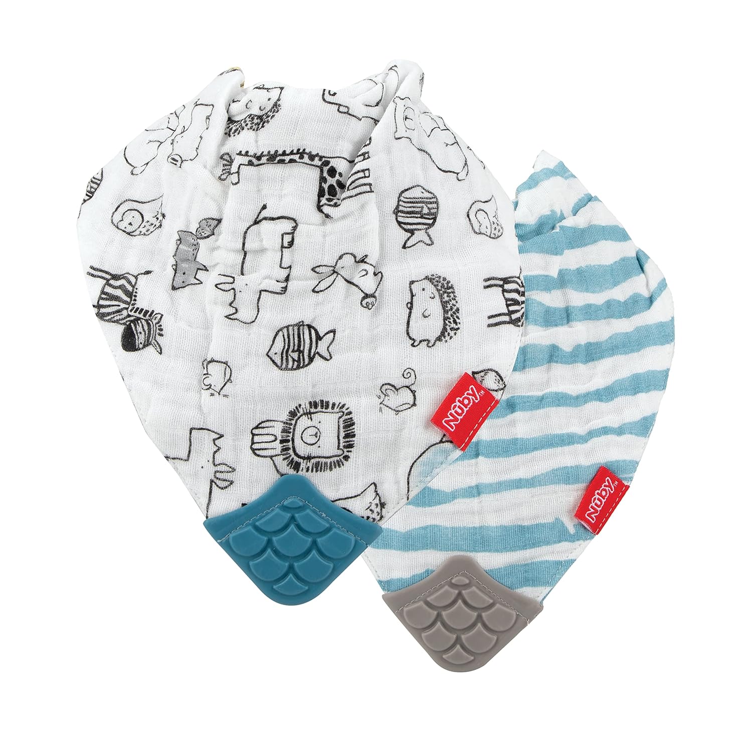 LEO180 Nuby 100% Natural Cotton Muslin Bib - Bib with Teething Corner (2-Pack) 3+ Months - Zoo - Image 1
