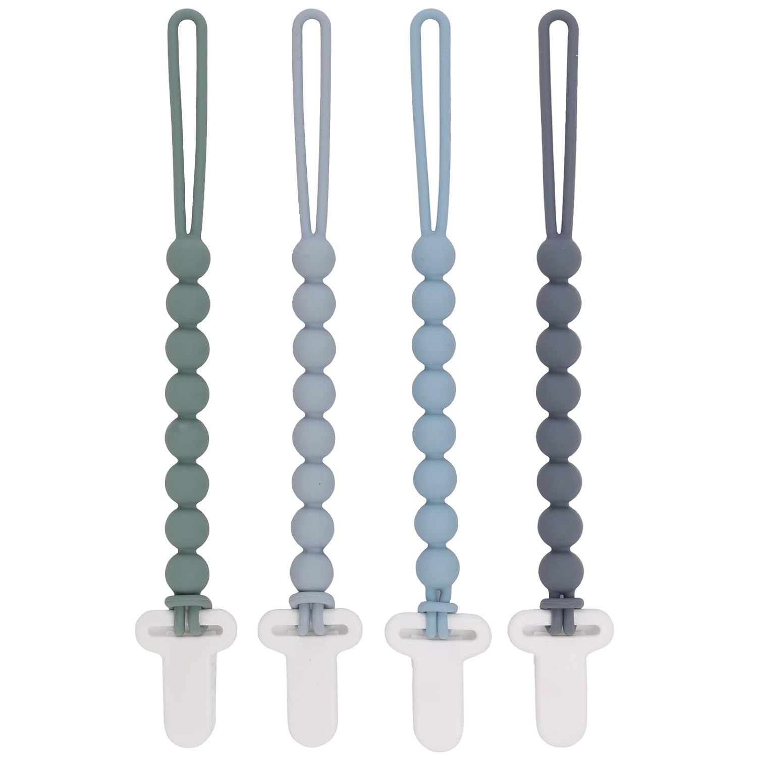 LEO190 4-Pack Silicone Pacifier Clips with One-Piece Beads for Baby Boys and Girls - Flexible and Rust-Free Holders for Teething Relief and Baby Essentials, Safe for Newborns (Grey) - Image 1
