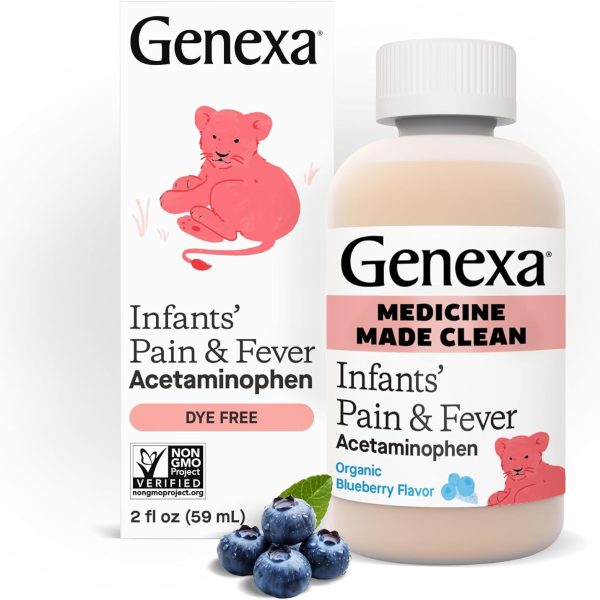 Genexa Infants' Clean Acetaminophen | Pediatrician Preferred Ingredients | Pain Reliever & Fever Reducer for Babies | Dye Free, 0% Artificial Additives | Delicious Organic Blueberry Flavor, 2 fl oz