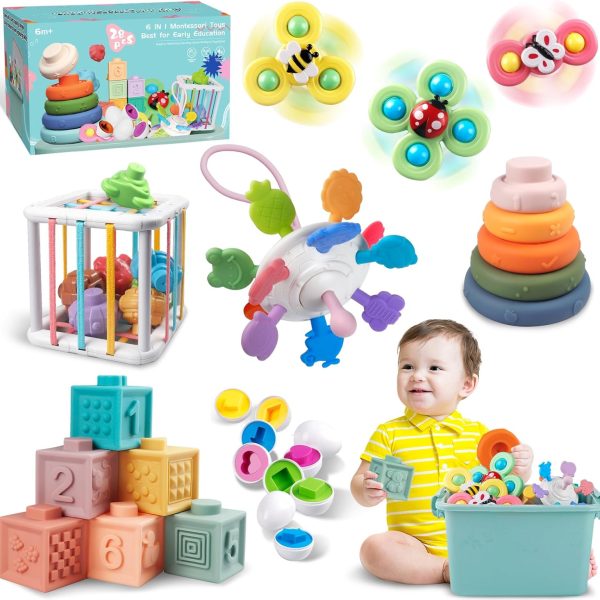Baby Toys for 6 to 12 Months, Montessori Sensory Bins & Teething Toys, 6 in 1 Stacking Blocks, Rings, Eggs, Spinner, Crab Shape, 27 Pieces, Ages 6-36 Months