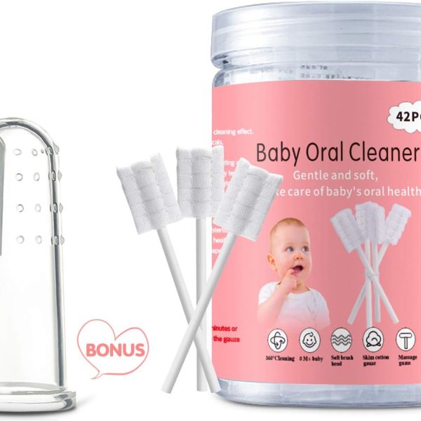 EASICUTI Baby Tongue Cleaner, 42Pcs Disposable Infant Toothbrush, Gauze Gum Cleaner Baby Oral Cleaning Stick Dental Care for 0-36 Months + Free 1 Finger Toothbrush