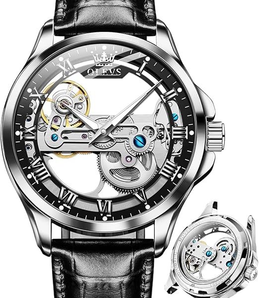 OLEVS Skeleton Watches for Men Automatic Self Winding Mechanical Luxury Dress Leather Waterproof Luminous Men Wrist Watch