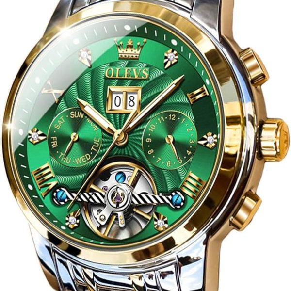 OLEVS Men Automatic Watch Skeleton 5 Hands Mechanical Classic Luxury Multi Calendar Stainless Steel Waterproof Wrist Watch for Men