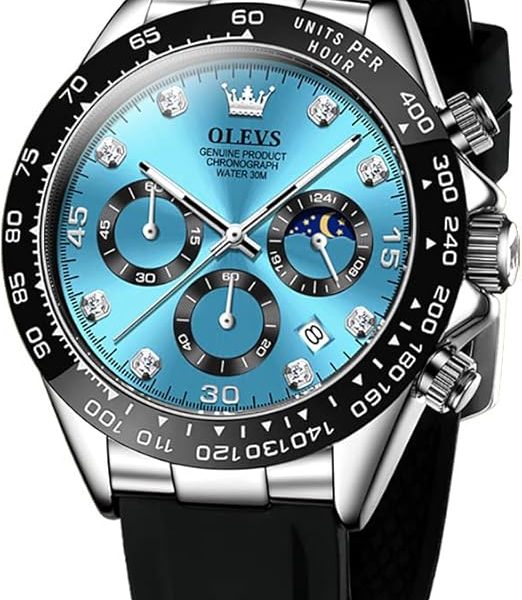 OLEVS Men Analog Quartz Waterproof Watches Multifunction Chronograph Diamond Moon Phase Luminous Silicone Band Wrist Watches