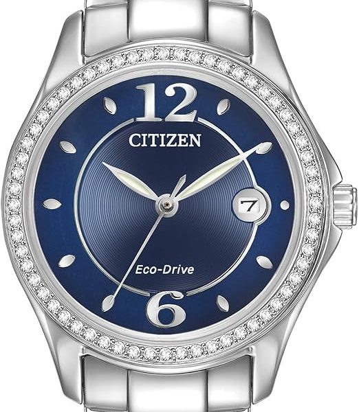 Citizen Women's Eco-Drive Dress Classic Crystal Watch in Stainless Steel, Blue Dial (Model: FE1140-86L)