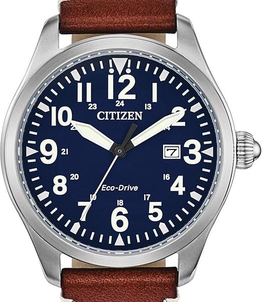 Citizen Men's Sport Casual Garrison 3-Hand Date Eco-Drive Leather Strap Watch, Arabic Markers, Stainless Steel, Field Watch