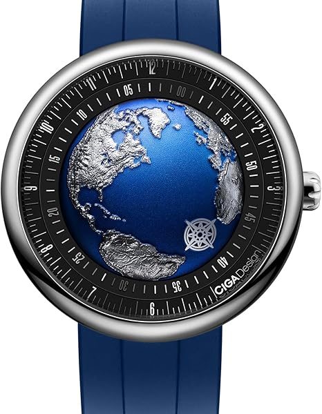 CIGA Design Mechanical Automatic Watch Blue Planet II·Atlantic, Round Stainless Steel Case, Earth-Like dial Design, Luminous Version, Premium Fluororubber Strap Watches Gifts for Men and Women
