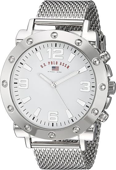 U.S. Polo Assn. Men's Silver Mesh Watch – Classic Analog Quartz Timepiece with Bold Bezel Detailing, White Dial & Textured Strap – 48mm Case – Fits Wrists 5.5" to 8"