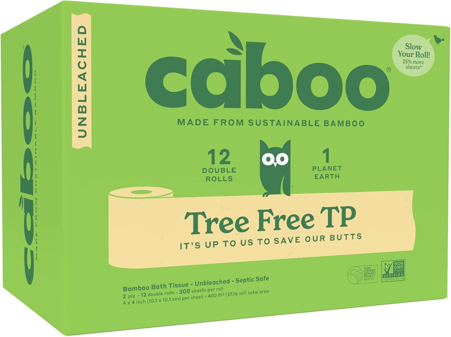 SH309 Caboo Tree Free Unbleached Toilet Paper | Plastic Free Packaging, Septic Safe, Eco Friendly, Chemical Free, Non Toxic | 2 Ply Toilet Tissue, Pack of 12 Double Rolls, 300 Sheets Per Roll - Image 1