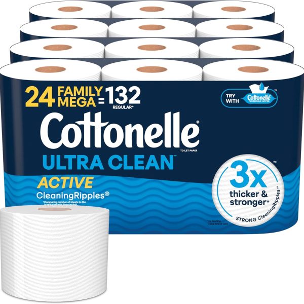 Cottonelle Ultra Clean Toilet Paper with Active CleaningRipples Texture, Strong Bath Tissue, 24 Family Mega Rolls = 132 Regular Rolls (4 Packs of 6)