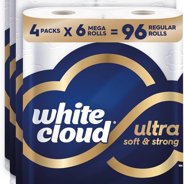 White Cloud Ultra Soft & Strong Toilet Paper, 4 packs of 6 Mega Rolls = 96 Regular Rolls
